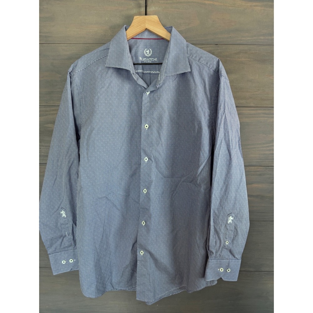 Bugatchi Uomo Mens Blue Gingham Check Button Down Shirt 17.5 36/37 Cotton